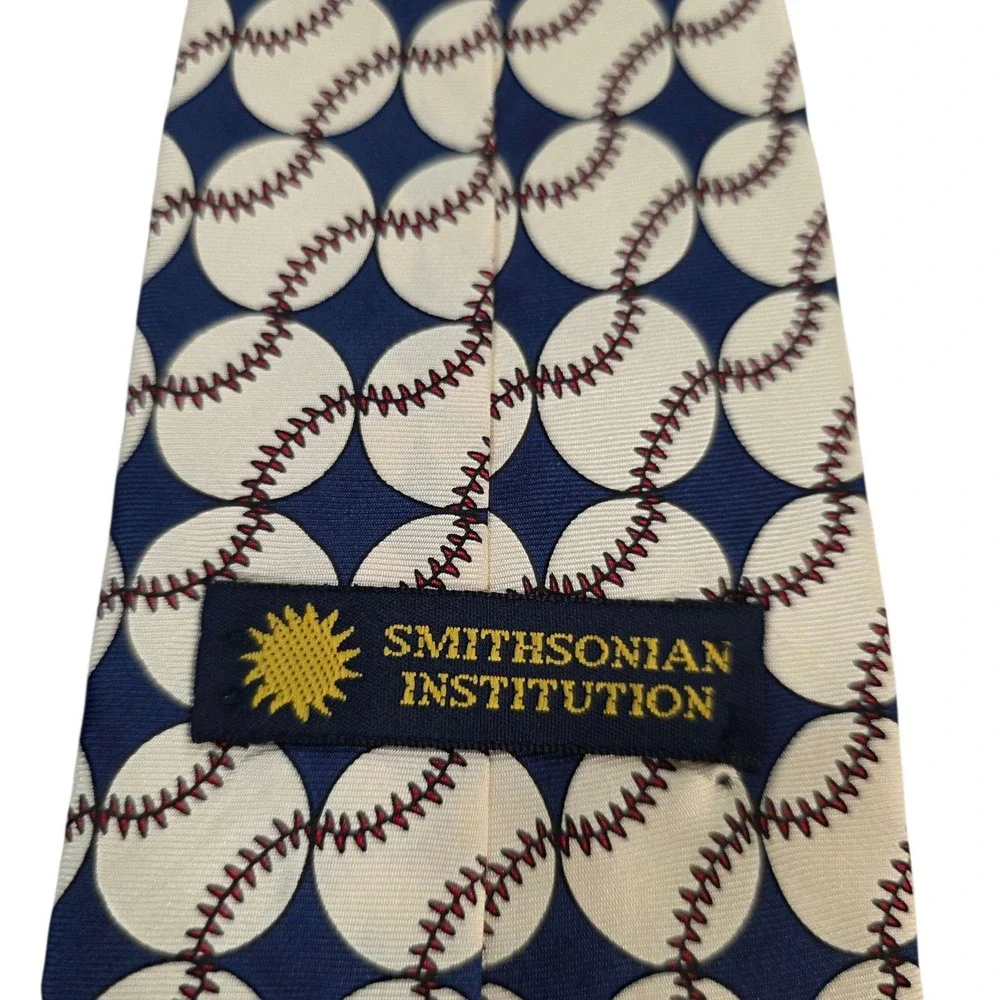 Smithsonian Institution Baseball Pattern Silk Tie Made in‎ USA Blue Cream Sports